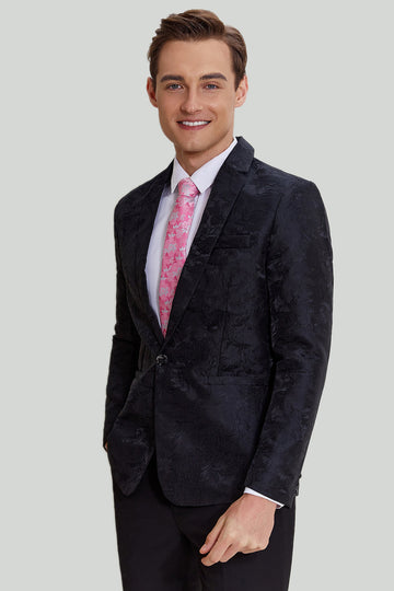 Svart Jacquard Sateng Notched Lapel Herre Blazer